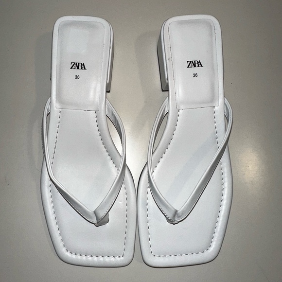 Zara White and Square-Toed Low Heeled Sandals - Picture 1 of 5